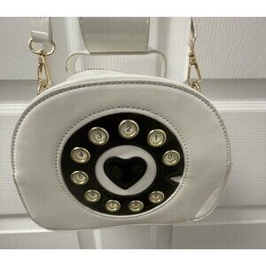 Telephone Purse Handbag White Black Dial Heart Long Strap Patent Leather